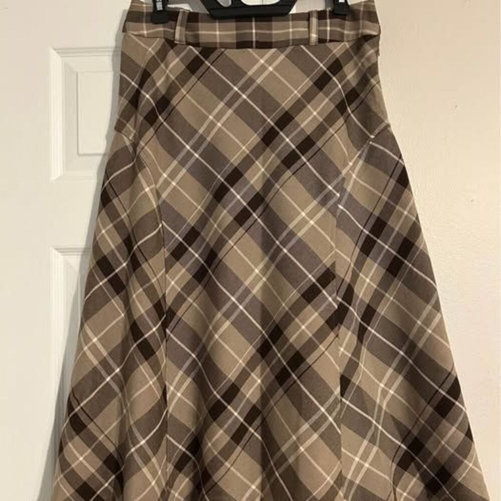 Jones Wear Women’s Size 6 Brown Plaid A-Line Midi Skirt Lined Academia Preppy